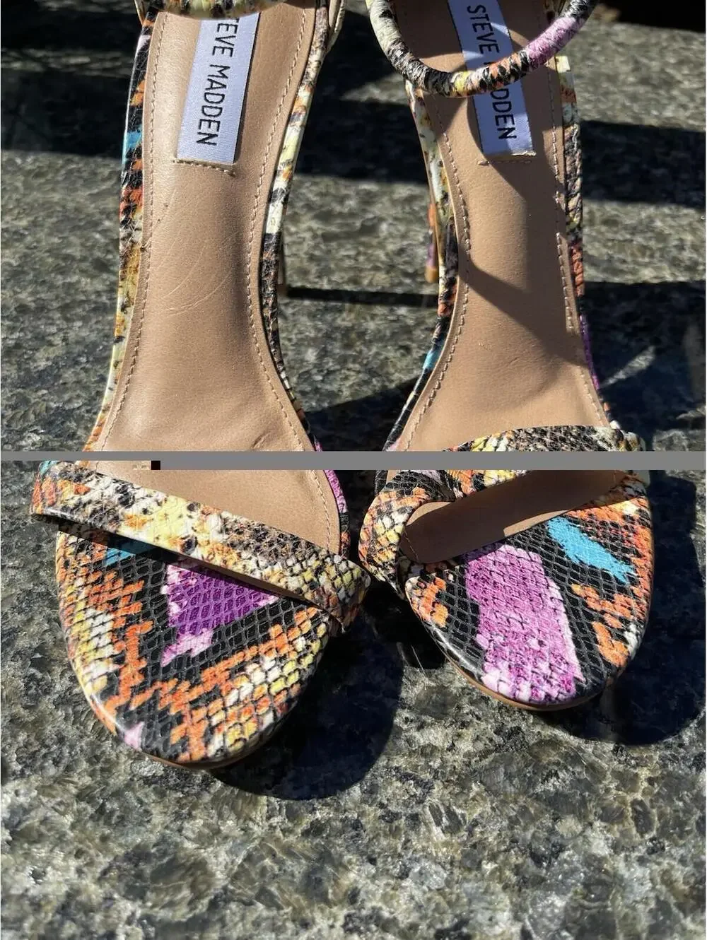 Steve Madden Soph Rainbow Snake Heels Pumps Open Toe Stiletto Ultra High Sz 6.5 - Picture 6 of 8